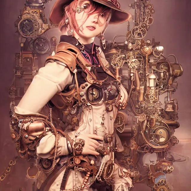 Image similar to the portrait of true neutral semi - colorful female steampunk mechanist as absurdly beautiful, gorgeous, elegant, young gravure idol, an ultrafine hyperdetailed illustration by kim jung gi, irakli nadar, intricate linework, bright colors, octopath traveler, final fantasy, unreal engine 5 highly rendered, global illumination, radiant light, detailed and intricate environment