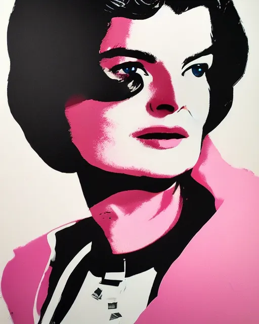 Image similar to beautiful fantasy character portrait, jacqueline kennedy silk screen print by andy warhol, wearing oversized puffy pink bomber jacket and black bikini, ultra realistic, wide angle, seductive pose, cyberpunk artifacts, highly detailed by peter mohrbacher, hajime sorayama, wayne barlowe, boris vallejo, aaron horkey, gaston bussiere, craig mullins