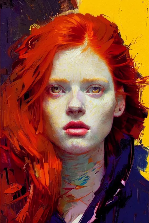 Image similar to portrait of a beautiful redhead girl, complementary colors, beautiful face, rule of thirds, intricate outfit, spotlight, by greg rutkowski, by jeremy mann, by francoise nielly, by van gogh, digital painting