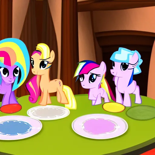 Image similar to Ponies from My Little Pony sitting at a table