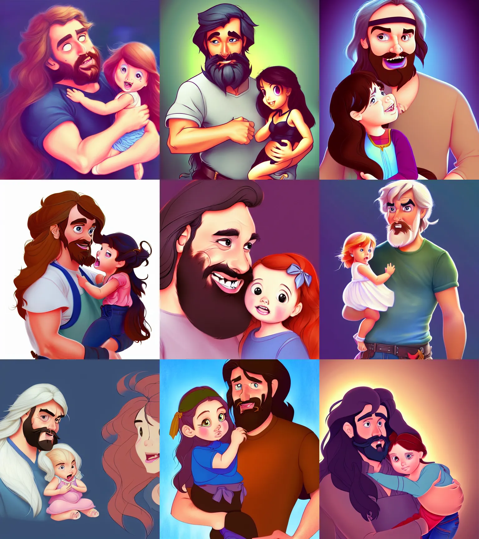 Image similar to a long - haired bearded father and his child toddler girl full color digital illustration in the style of don bluth, artgerm, artstation trending, 4 k