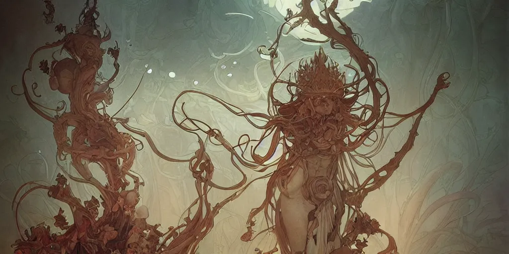 Image similar to epic concept illustration of a fungus god, by james jean, by artgerm and greg rutkowski and alphonse mucha. uhd, amazing depth, cinematic lighting, glossy wet levitating floating fungus god with arms outstretched.