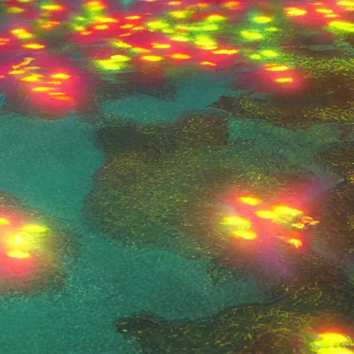 Prompt: beautiful screenshot of school of glowing fish swimming through river from anime film by makoto shintai, night time, close up shot, 4K, colorful, elegant
