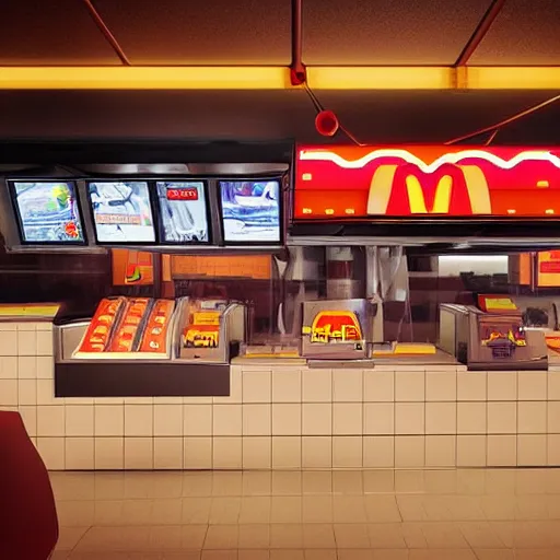 Image similar to cyberpunk mcdonalds in the distant future