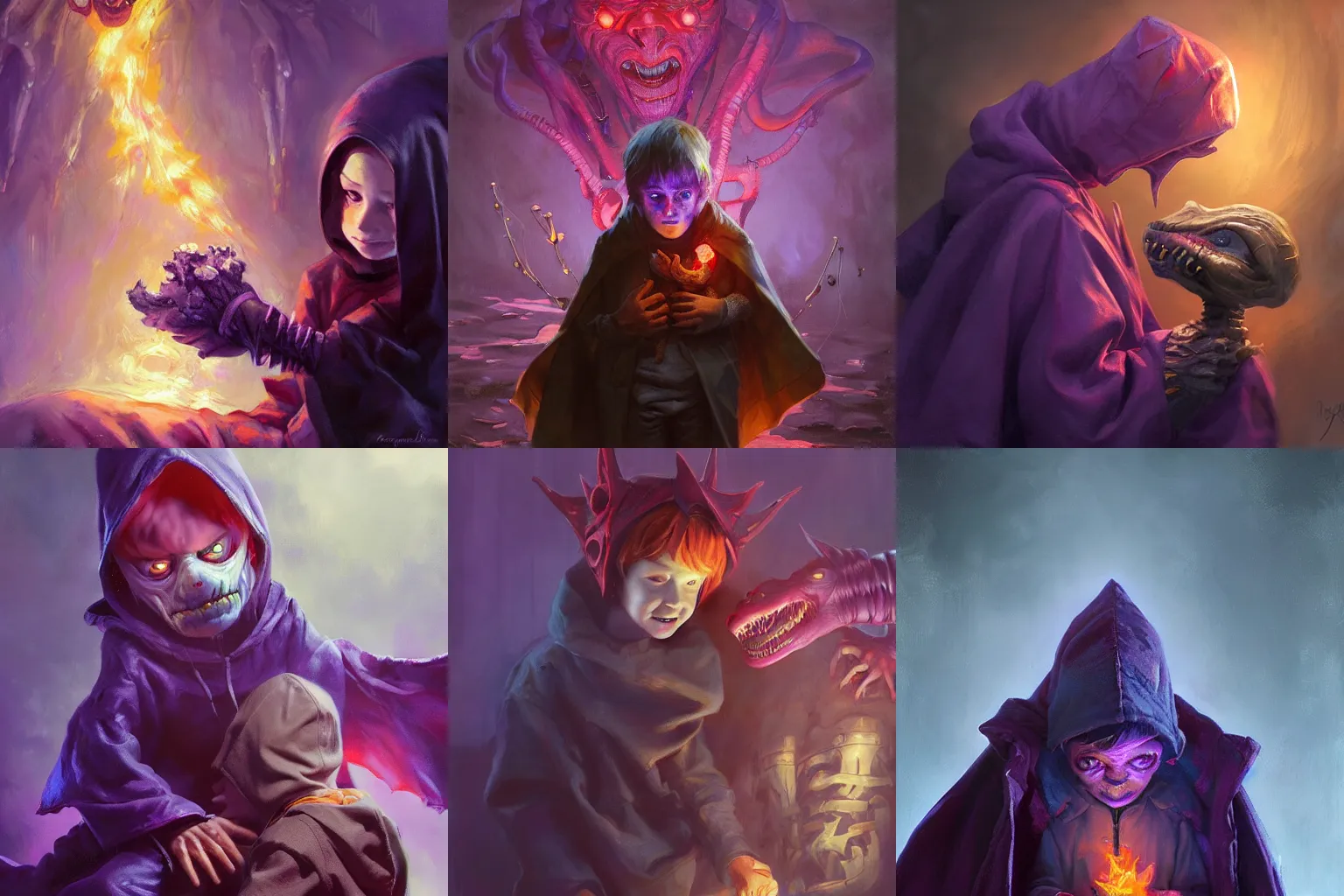 Prompt: Little nightmares, purple raincoat, fiery eyes, cuddling the demogorgon, painted by raymond swanland