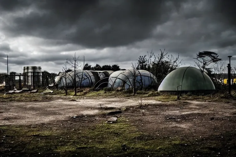 Prompt: post apocalyptic over grown leisure centre being used as shelter, night time, barrel fires and tents