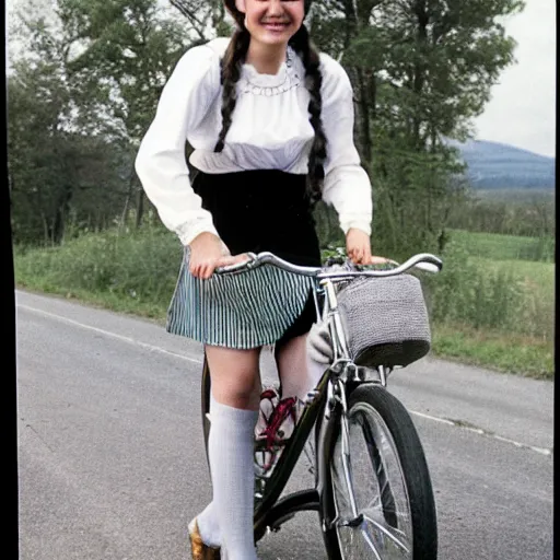 Image similar to a shy young woman is seen riding her bicycle while posing for a photograph in the 1 9 9 0 s on a rural road. she's dressed in a vintage alpine dirndl, a wool cardigan, brogue - style shoes, and bobby socks.