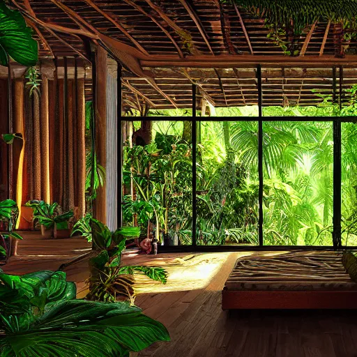 Image similar to interior design of a jungle house, vivid lighting, photorealist, 4 k