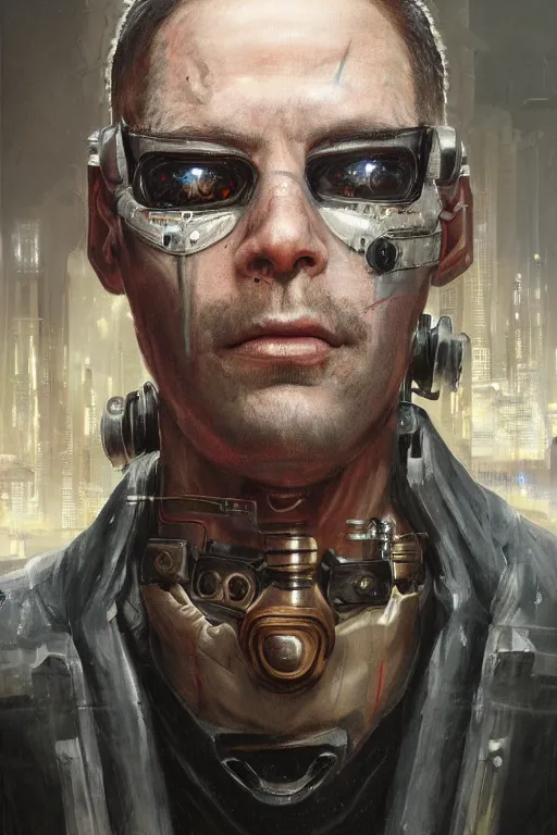 Prompt: illustration of an male cyberpunk character wearing bionic implants, criminal mugshot, gritty, gritty, highly detailed, oil on canvas, soft lighting, muted, pastel colors, by WLOP and Greg Staples, HD, 4K