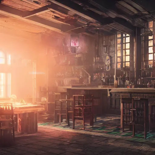 Image similar to ultra mega super hyper realistic Digital concept art of Cyberpunk tavern mixed with medieval style. Natural sunlight. Rendered in VRAY and DaVinci Resolve and MAXWELL and LUMION 3D, Volumetric natural light