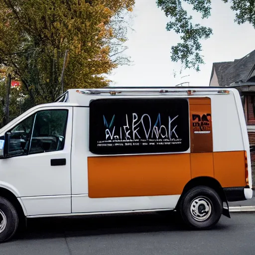 Prompt: A brown man parallel parks white work van, beeping, annoyed people