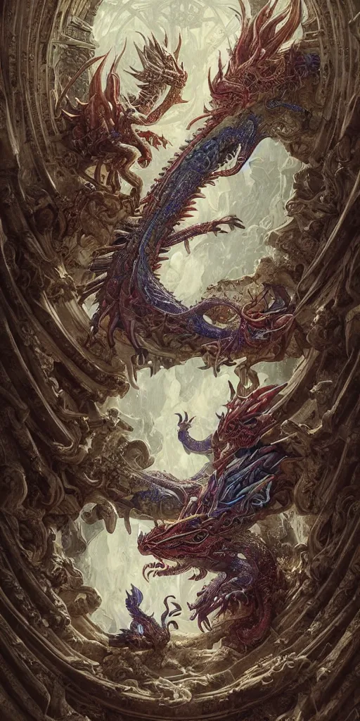 Image similar to epic fight of colorful Ouroboros and water dragon floating around inside an ancient mage castle hall colossal scale, gothic and baroque, brutalist architecture, ultradetailed, intricate details by Ellen Jewett and Ayami Kojima