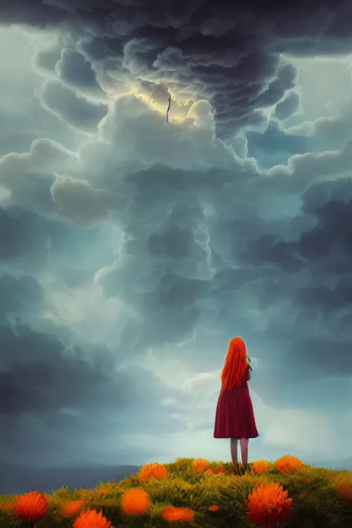 Prompt: closeup giant dahlia flower as the head, girl standing on mountain, surreal photography, blue storm clouds, dramatic light, impressionist painting, digital painting, artstation, simon stalenhag