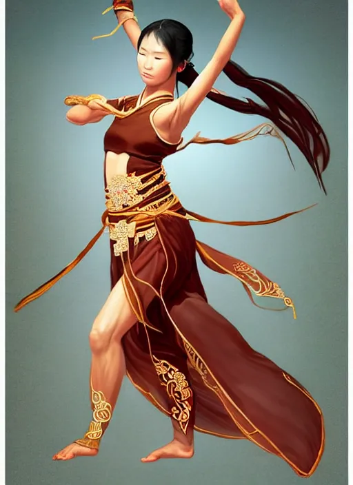 Prompt: full body portrait of a barefoot female dancer using a silk belt as weapon, barefoot, tanned skin, athletic, vivacious, hanfu, fully clothed, absurdly beautiful, chinese ribbon dance, silk belt, scorpion whip, wuxia, battle, detailed, anatomically accurate, fantasy illustration, drawn by wlop, artstation.