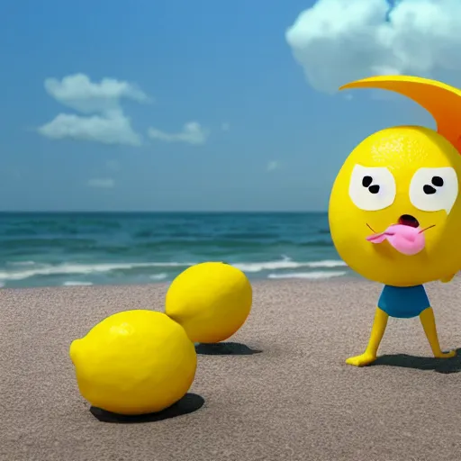 Prompt: a supercute cartoonnetwork lemon character, that is cute and good looking, it's is relaxing on a beach, by dalle - 2, octane render, 3 d, volumetric lightening,