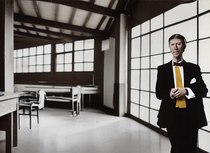 Image similar to realistic photo portrait of the person, brown mustard shirt, formal suit, black tie,, wooden polished and fancy expensive wooden laboratory hall interior 1 9 9 0, life magazine reportage photo