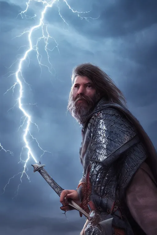 Prompt: hyper realistic wizard holding a sword that’s pointed towards the sky, getting shocked by lightning, octane, trending on artstation, hyper realistic, highly detailed, 8k