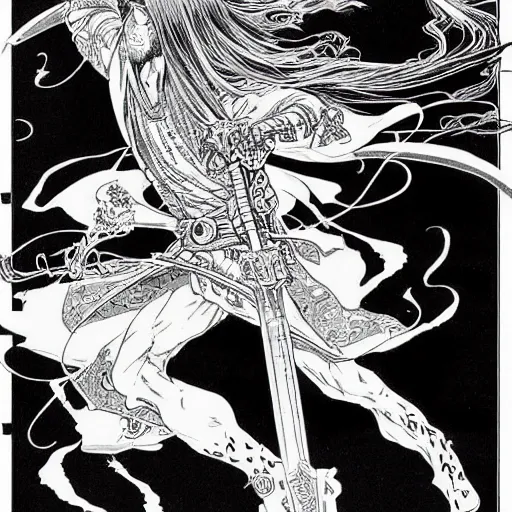 Image similar to highly detailed perspective drawing black and white goetic pen and ink manga panel by hiroya oku!! mucha illustrated sorcerer beautiful attractive long hair chris bell fxv flowing ritual royal!!! vagabond! manga panel swords dramatic esoteric!!!!!! long hair flowing dancing illustrated in high detail by frank miller, shonen jump