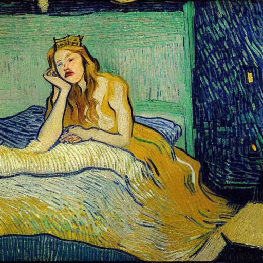 Image similar to a queen size bed taking a huge dump on amber heard after she had fallen into a puddle. in the smart style of vincent van gogh. ultra high resolution. high detail. high contrast.