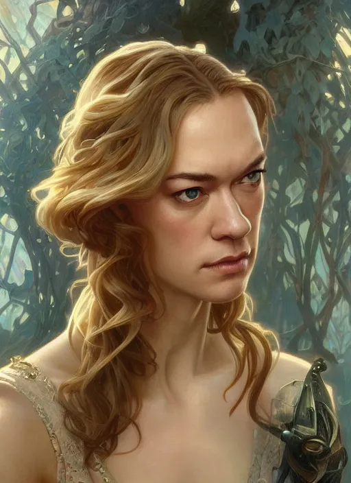 Prompt: beautiful portrait of yvonne strahovski, by magali villeneuve and greg rutkowski and artgerm and alphonse mucha, intricate, elegant, highly detailed, photorealistic, trending on artstation, trending on cgsociety, 8 k, sharp focus