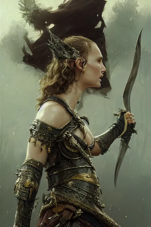 Image similar to natalie portman, legendary warrior, heroic, lord of the rings, tattoos, decorative ornaments, battle armor, by carl spitzweg, ismail inceoglu, vdragan bibin, hans thoma, greg rutkowski, alexandros pyromallis, perfect face, fine details, realistic shading photorealism