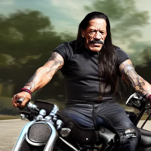 Image similar to danny trejo riding on a motorbike with his hair tied up, realistic photography, 4 k, trending on artstation