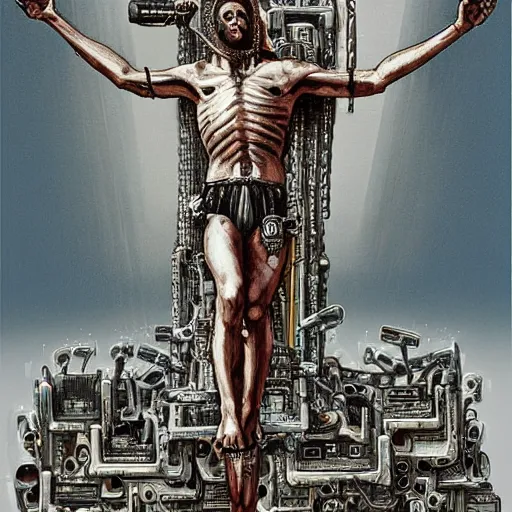 Prompt: a man crucified on a cybernetic sci - fi cross, full of computer elements and cables, symbolic, intricate, hyperdetailed, religious, painting, cyberpunk, in a style of h. r. giger