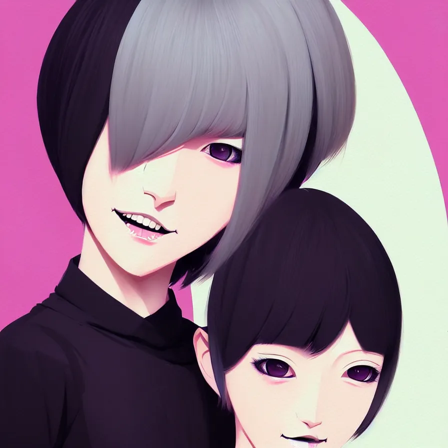 Image similar to urban girl fanart with black facemask, blond bob haircut, muted colors, matte print, pastel colors, ornate, digital art, cute smile, digital painting, fan art, elegant, pixiv, by Ilya Kuvshinov, by Studio Ghibli