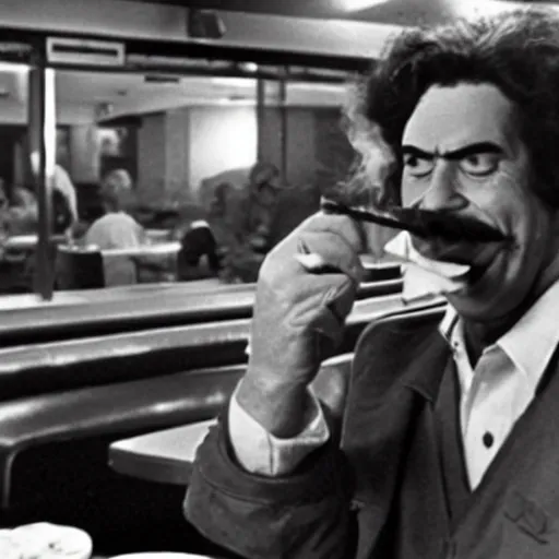 Image similar to A still of Ronald McDonald smoking a cigar in a diner from a gritty 1970s film directed by Martin Scorsese