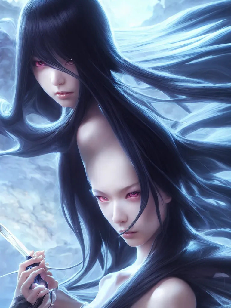 Prompt: extremely beautiful aesthetic ego sword in a shape of girl, black long hair, occlusion shadow, specular reflection, rim light, unreal engine, octane render, artgerm, artstation, art by hiroaki samura and jiro matsumoto and yusuke murata, high quality, highly detailed 8 k, fantasy illustration