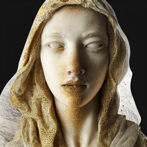 Image similar to a masterpiece marble sculpture of the veiled hooded virgin, subsurface cracks, !dramatic !face, !female, covered in intricate !detailed golden !!streaked veil , physically based rendering, ultra photo realistic, cinematic lighting , dark background by Dan Hillier