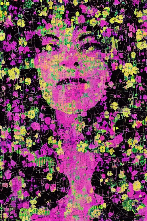 Image similar to glitch abstraction made from collage of female medieval faces mixed with flowers