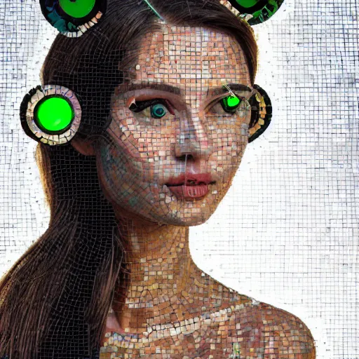 Image similar to portrait mosaic of a beautiful cute young woman with robot ears and eyes, 4k, intricate details