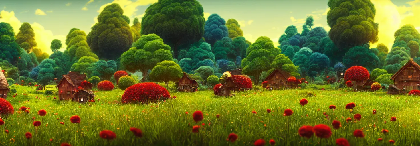 Image similar to stunning glowing dominant large highlighted crimson - black beehive, oversized cute bees in a beautiful forest meadow village landscape, flowers, happy trees, photorealistic, octane render, rtx, hdr, unreal engine, digital art widescreen 8 k, studio ghibli, bob ross, pixar, bee movie, disney