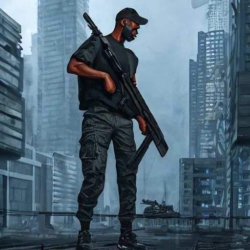 Prompt: A broad shouldered, muscular man wearing Reindeelusion Steven Cargo pants and Nike Tech fleece Shirt and Nike Acronym presto sneakers, rooftop, sniper rifle stationed in background, Police sirens shining in far background, high quality, digital art, dirty cyberpunk city, rain, greg rutkowski