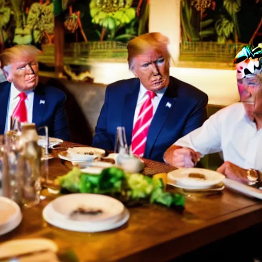 Image similar to Trump and Biden having dinner at a fancy Balinese restaurant, award winning photography, 85mm, perfect faces