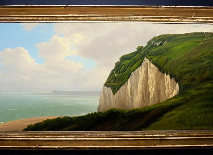 Prompt: cliffs of dover, uk in the style of hudson river school of art, oil on canvas, no frame