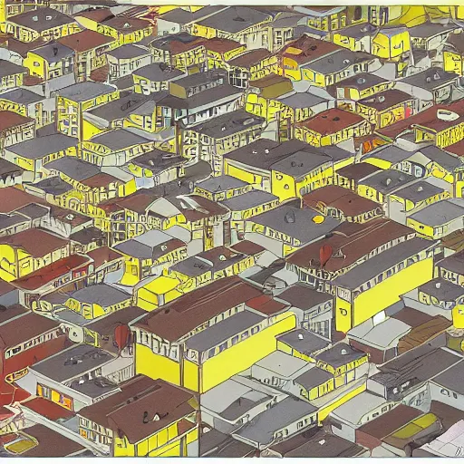 Image similar to japanese town, neighborhood, surreal neighborhood, street view, anime, modern neighborhood, japanese city, underground city, modern city, tokyo - esque town, 2 0 0 1 anime, cel - shading, compact buildings, sepia sunshine, yellow sunshine