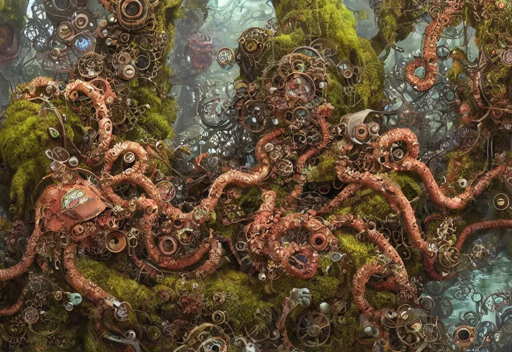 Prompt: illustration and highly detailed render of a strange moss fungus and coral creature, tendrils, steampunk, biological machinery, microbiological environment, ultra realistic, concept art, intricate details, cheerful, highly detailed, photorealistic, octane render, 8 k, unreal engine. art by hr guger and artgerm and greg rutkowski and alphonse mucha