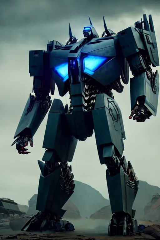 Image similar to a cinematic still from transformer movie and pacific rim movie, humanoid servo, decipticon armor plating, octane render, nvidia raytracing demo, masterpiece, aged armor plating, aggressive head,