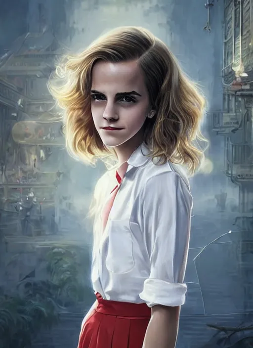 Image similar to portrait of teenage emma watson, long haircut, flowing blonde curly hair, white shirt, red tie, smiling kindly, soviet house at background, 1 9 8 0 s, intricate, elegant, glowing lights, highly detailed, digital painting, artstation, concept art, smooth, sharp focus, illustration, art by wlop, mars ravelo and greg rutkowski