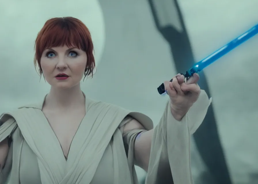 Prompt: still image of alice levine as a jedi in a star wars movie, close - up, cinematic, 4 0 mm f / 2. 8, anamorphic