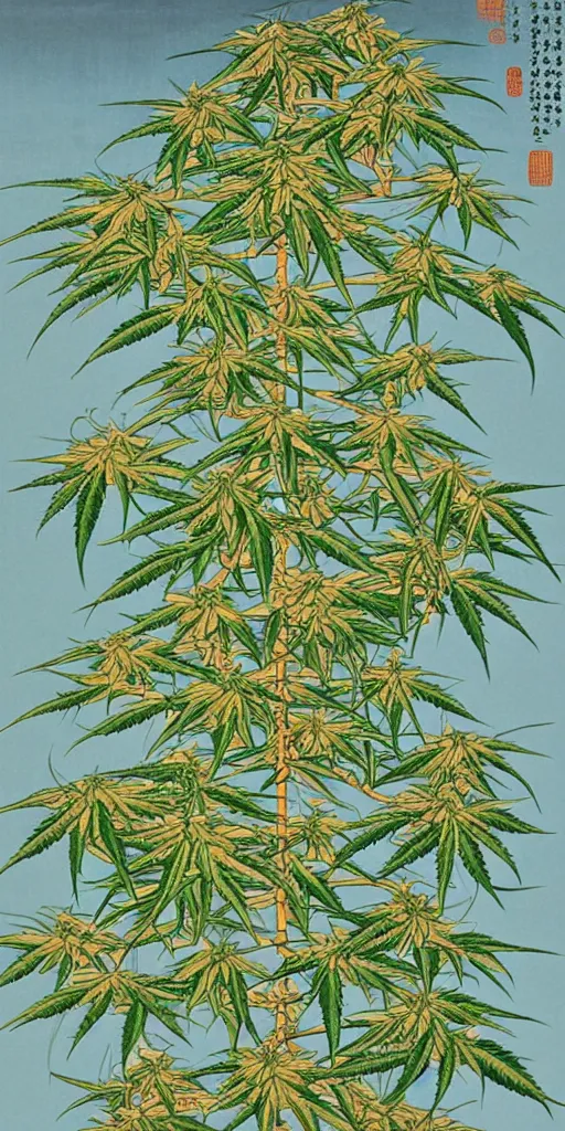 Image similar to A modern fine-art Chinese shanshui painting of cannabis tree with dank buds ready to harvest, full of amber trichome