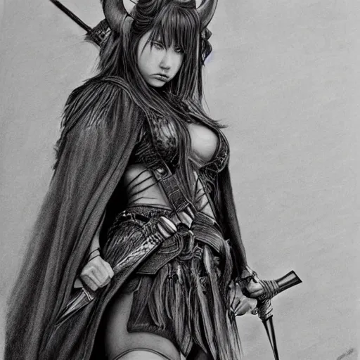 Prompt: hyper realistic pencil drawing of tifa lockheart as an viking warrior princess cloak, fantasy, dark, stunning, detail, sharp