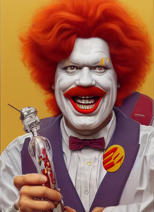 Image similar to portrait of Ronald McDonald in Society (1989), intricate, highly detailed, centered, digital painting, artstation, concept art, smooth, sharp focus, illustration, artgerm, donato giancola, Joseph Christian Leyendecker, WLOP, Artgerm