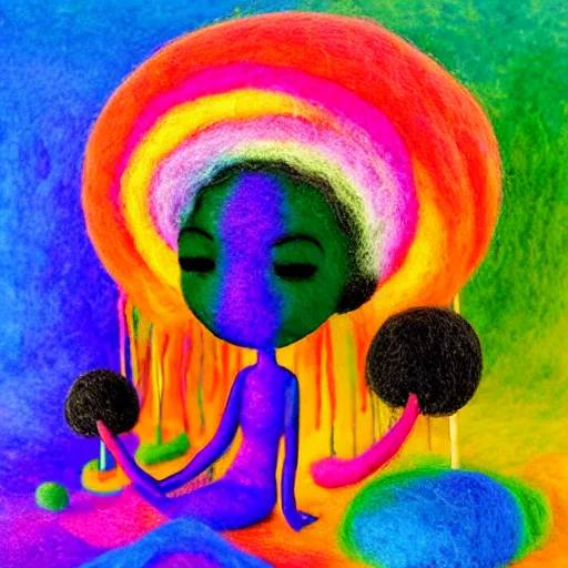 Prompt: a black girl with colorful dreadlocks and big beautiful eyes meditating in a rainbow magic mushroom zen garden, bokeh, bright colors, synthwave, watercolor, volumetric wool felting, felt, macro photography, children illustration, by goro fujita