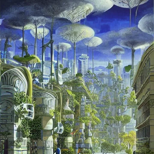 Image similar to scifi advanced city made out of plants and trees streets, modern architecture, by marianne north, by michael parkes, concept art