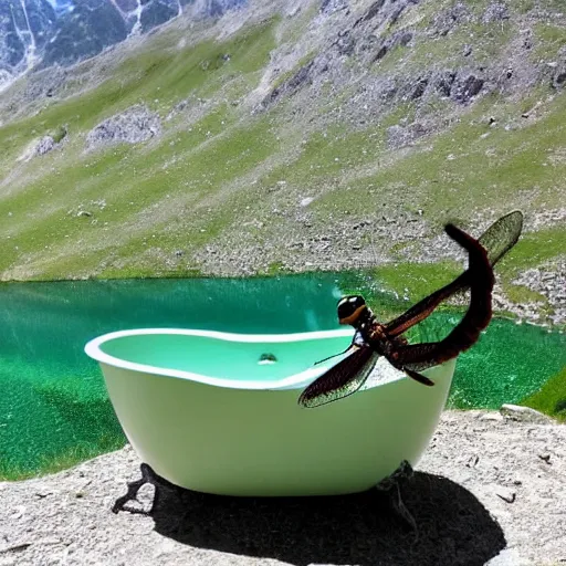 Image similar to dragonfly in a bathtub in the alps, goat!!!!! in background