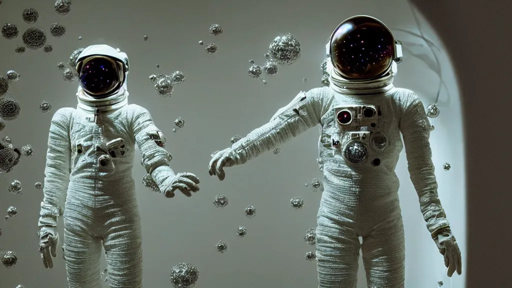 Image similar to a single astronaut eva suit made of diamond 3d fractal lace iridescent bubble 3d skin and covered with insectoid compound eye camera lenses floats through the living room, film still from the movie directed by Denis Villeneuve with art direction by Salvador Dalí, wide lens,