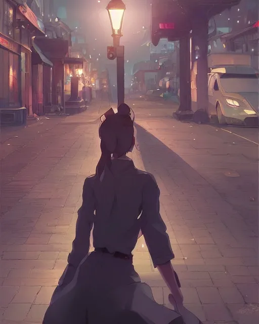 Image similar to a girl under the light of a street lamp, full shot, atmospheric lighting, detailed face, by makoto shinkai, stanley artgerm lau, wlop, rossdraws